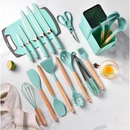 Kit 19 Peças Jogo de Utensílios Para Cozinha em Silicone Com Cabo de Madeira Completo